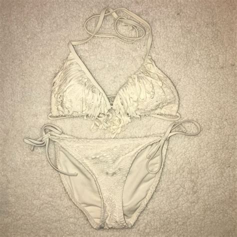 Off White Crochet Fringe Bikini Gem