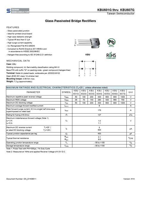 KBU601G Taiwan Semiconductor Rectifiers Hoja de datos Ficha técnica