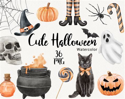 Happy Halloween Clipart Watercolor Cute Halloween Pumpkin Cat Witch