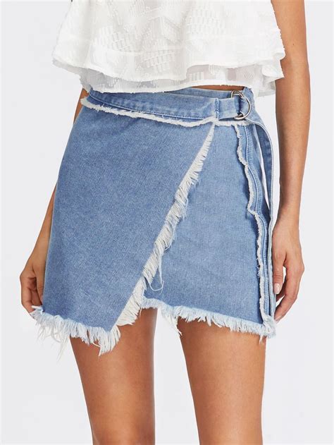 SHEIN D Ring Belted Frayed Overlap Denim Skirt A Line Denim Skirt