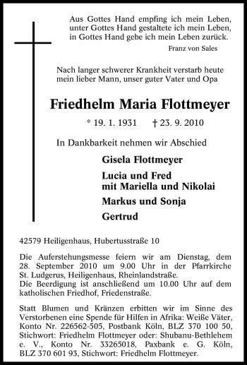 Traueranzeigen Von Friedhelm Maria Flottmeyer Trauer In NRW De