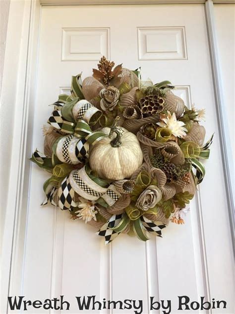 Fall Jute Mesh Floral Wreath With Pumpkin In Tan Cream Green Etsy