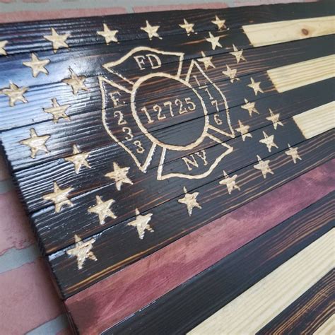 Rustic Wooden American Flag Thin Red Line With Maltese Cross Etsy