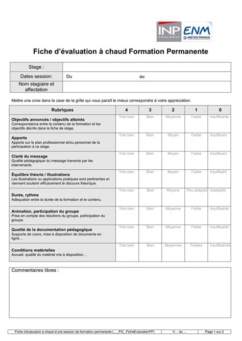 Fiche D Valuation Chaud Formation Permanente