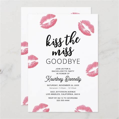 Kiss The Miss Goodbye Bachelorette Party Invitation | Zazzle ...
