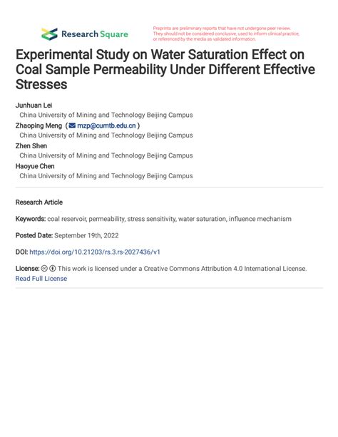 Pdf Experimental Study On Water Saturation Effect On Coal Sample