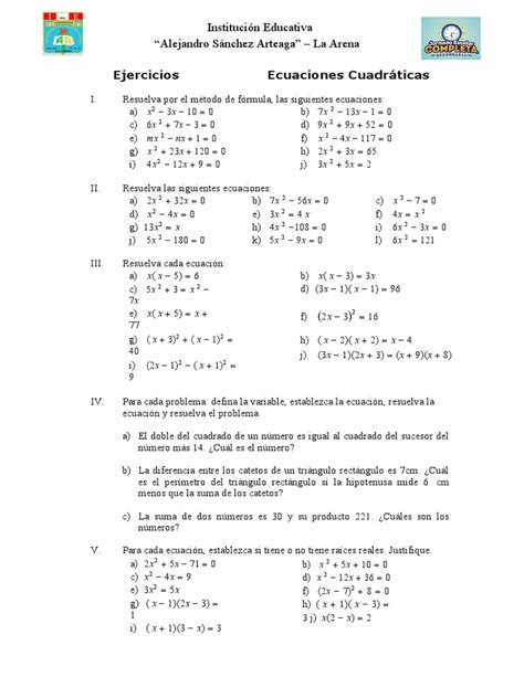 Taller De Ejercicios De Ecuaciones Cuadraticas Pdf Matemáticas Objetos Matemáticos