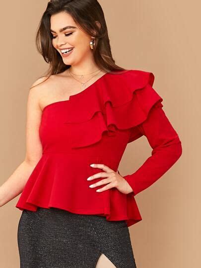 SHEIN Plus One Shoulder Layered Ruffle Trim Peplum Top Plus Size