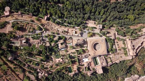 Aerial drone view of the Alhambra Palace, Granada during sunny day ...