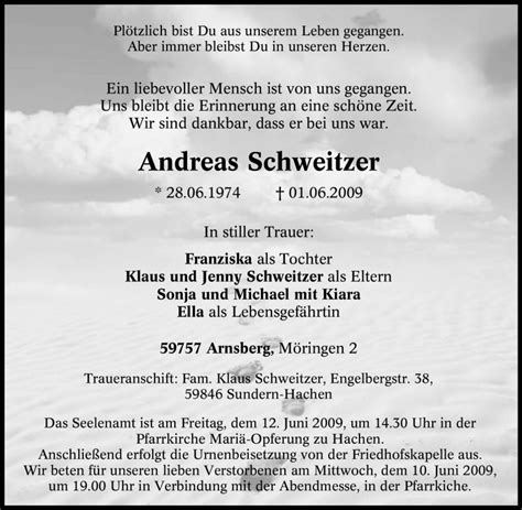 Traueranzeigen Von Andreas Schweitzer Trauer In Nrw De