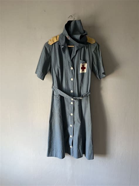 Vintage WWII 1940s Red Cross Nurse Uniform Dress And Hat For Sale