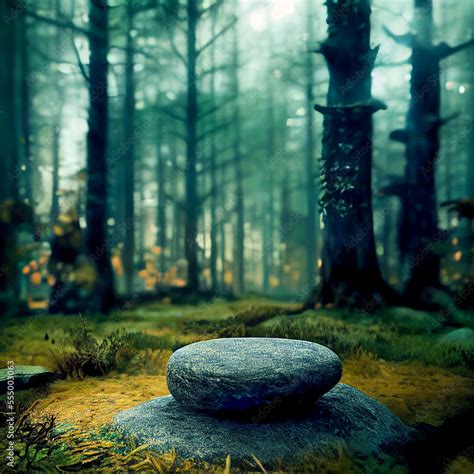 Flat Stone Podium In The Magical Forest Illustration Empty Round Stand