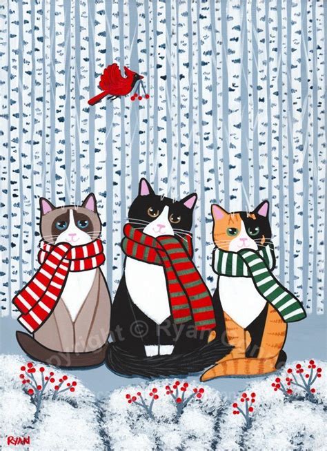 The Winter Cats In Scarves Cat Art Winter Cat Folk Art Painting