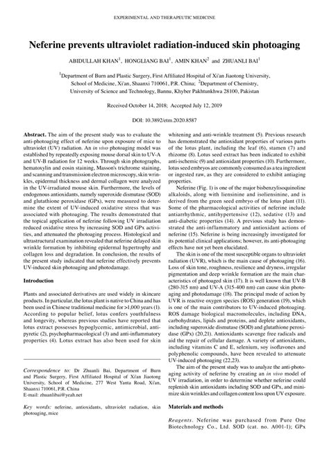 PDF Neferine Prevents Ultraviolet Radiationinduced Skin Photoaging