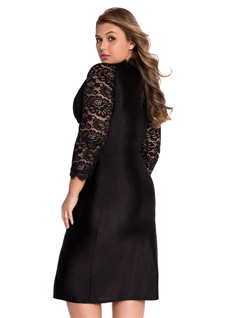 Black Xxl Plus Size Cocktail Dress With Lace Sleeves Chicuu