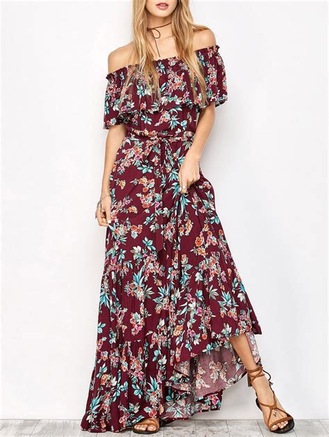 22 OFF Off The Shoulder Maxi Floral Flowing Dress Rosegal