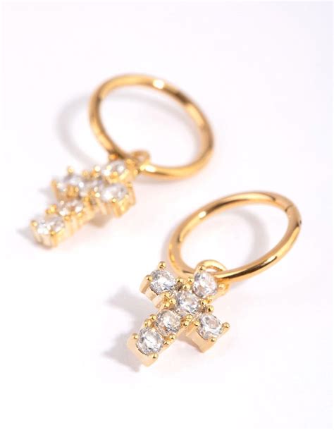 Gold Plated Surgical Steel Cubic Zirconia Cross Sleeper Earrings In