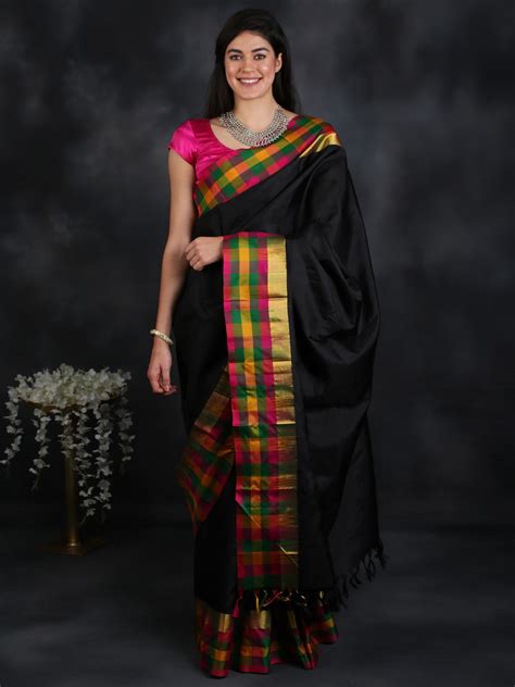 Jet Black Handloom Pure Silk Kanjivaram Saree From Tamil Nadu With