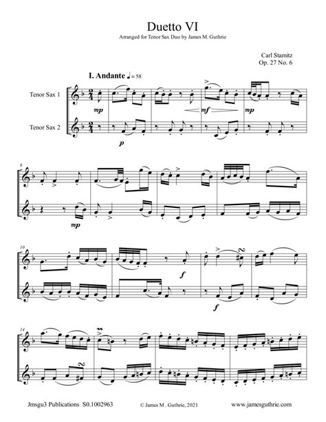 Stamitz Duet Op 27 No 6 For Tenor Sax Duo Sheet Music Carl Stamitz