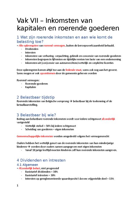 Personenbelasting Vak VII Inkomsten Van Kapitalen En Roerende