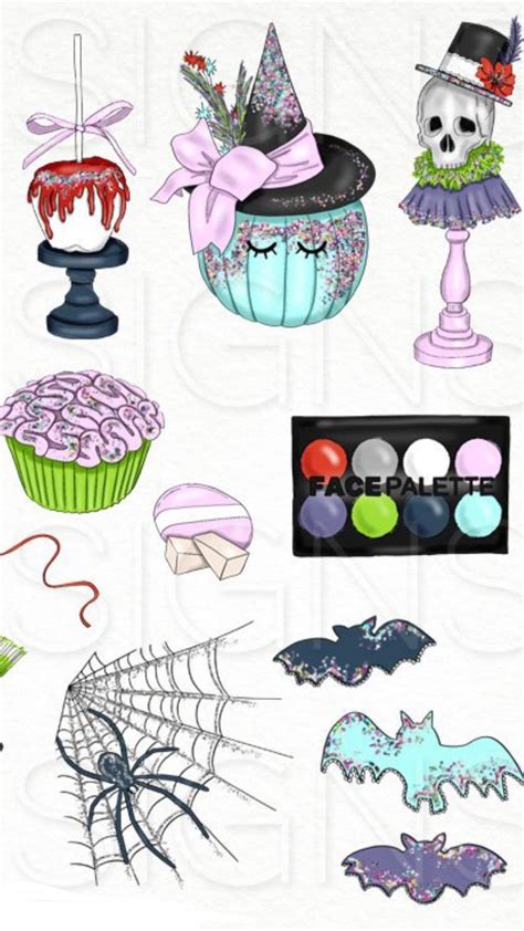 Various Halloween Items Are Shown On A White Background Including