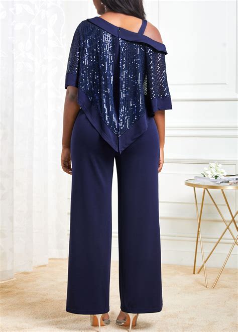 Sequin Navy Cold Shoulder Asymmetric Hem Jumpsuit Rosewe Usd