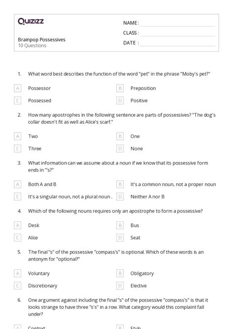 50 Singular Possessives Worksheets For 5th Grade On Quizizz Free