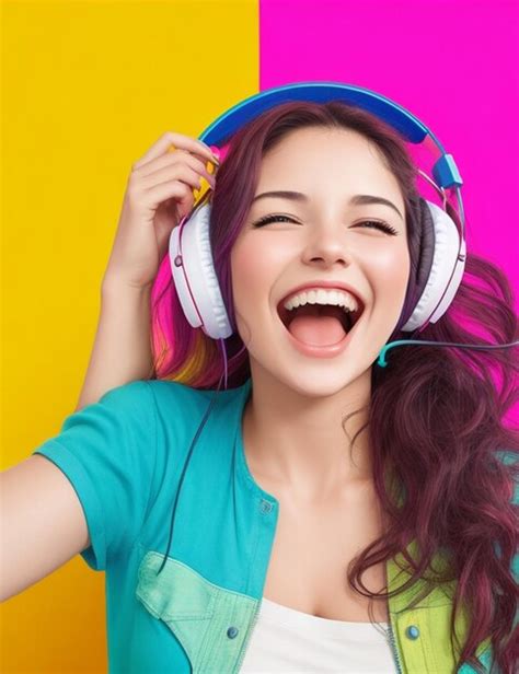 Mujer Feliz Con Computadora Y Auriculares Coloridos Foto Premium