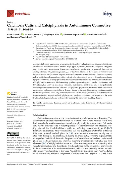 Pdf Calcinosis Cutis And Calciphylaxis In Autoimmune Connective Tissue Diseases