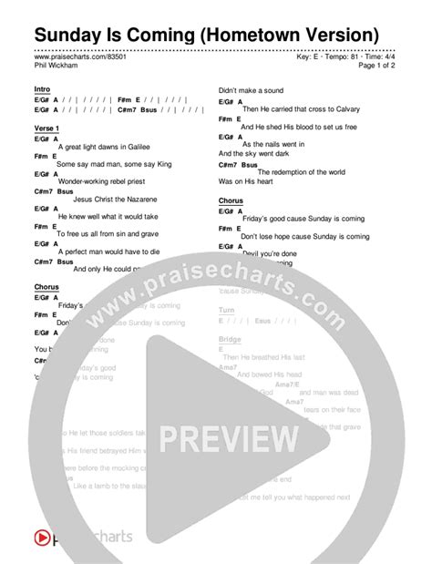 Sunday Is Coming Hometown Version Chords Pdf Phil Wickham Praisecharts