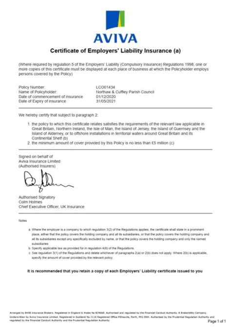 Certificate Of Employers Liability Insurance 2020 21 Northaw And Cuffley Parish Council