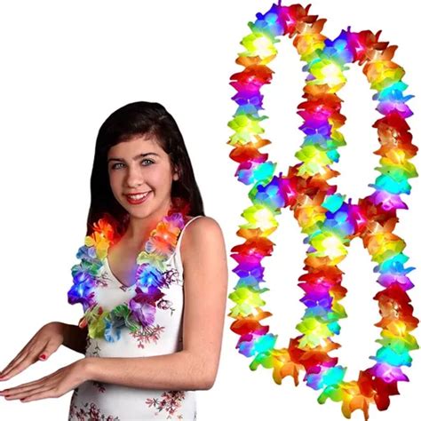 4 Collares Hawaianos Fiesta Flores Colores Neon Con Luz Led Meses Sin