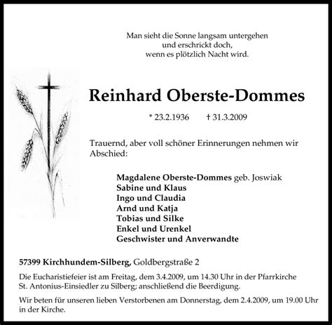 Trauer Und Todesanzeigen Von Reinhard Oberste Dommes Trauer De