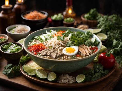 Premium AI Image | Pho Presented in a large bowl with various toppings ...