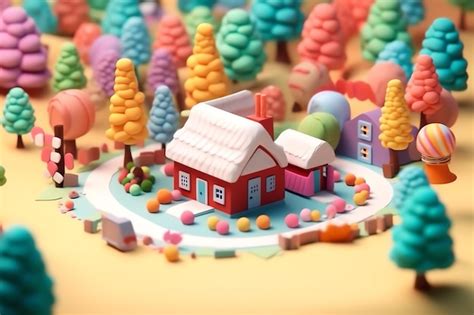 Premium Ai Image A Colorful House With A Red Roof And A Small House