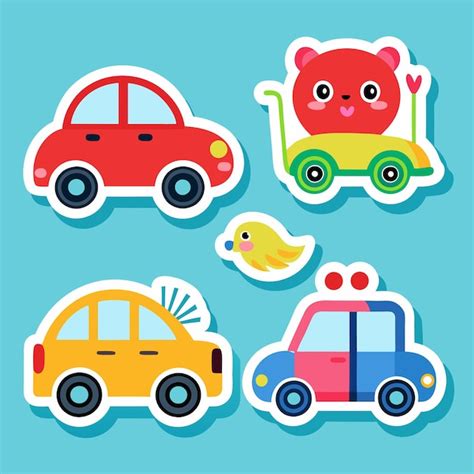 Caros coches de dibujos animados con pegatinas de pájaros y animales en