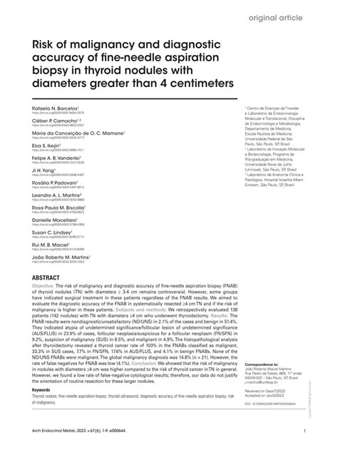 Pdf Risk Of Malignancy And Diagnostic Accuracy Of Fine Needle Aspiration Biopsy In Thyroid