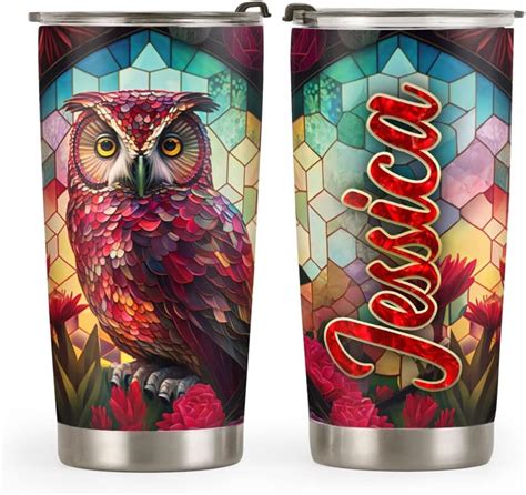 64hydro 20oz Personalized Ruby Red Crystal Owl Tumbler Cup Insulated Travel Mug