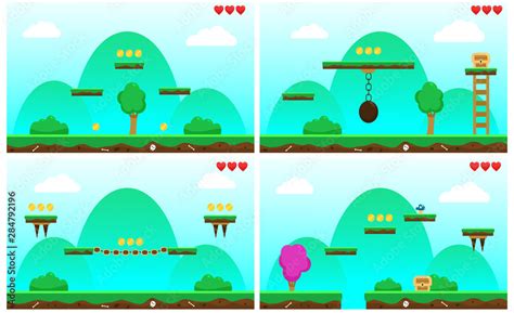 Background set for platformer video game. Objects and elements, grass ...