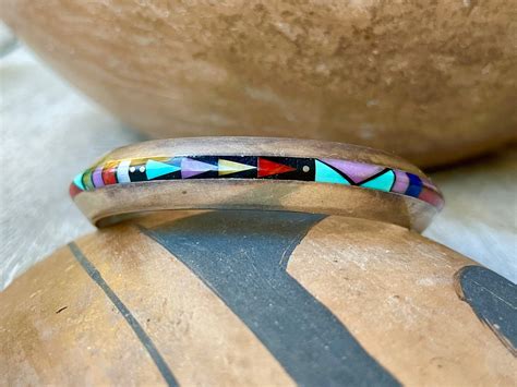 Vintage Navajo Jim Harrison Multi Stone Inlay Narrow Carinated Cuff