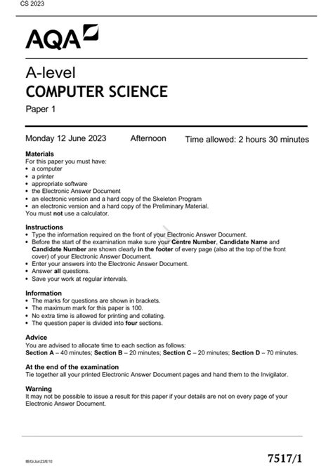 Ocr A Level Computer Science Paper 1 June 2023 Question Paper A Level