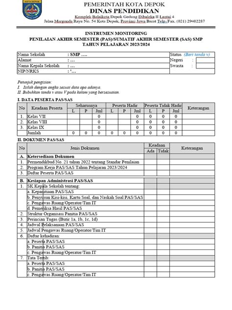 Instrumen Monev Pas Smp 2023 Listiyawati Pdf