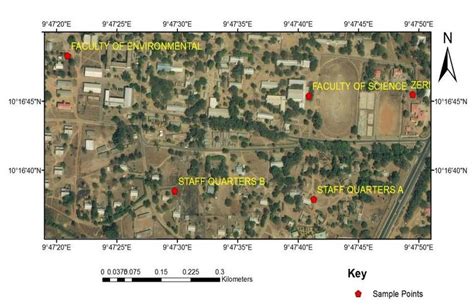 Map showing sampling points in Abubakar Tafawa Balewa University, Yelwa ...