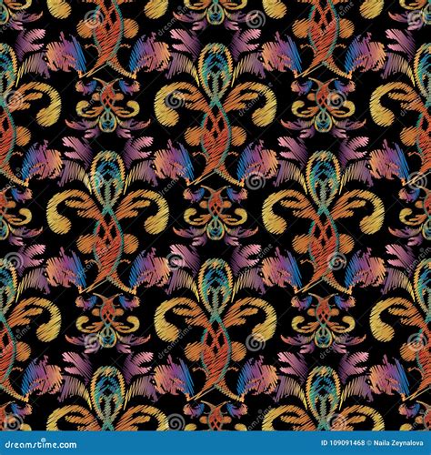 Embroidery Baroque Vector Seamless Pattern Colorful Floral Grunge