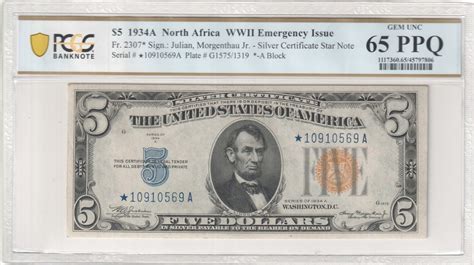 Fr. 2307* 1934A $5 Silver Certificate Star Note North Africa WWII ...