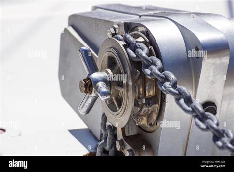 Anchor Windlass Mechanism With Chain On Ship Deck Stock Photo Alamy