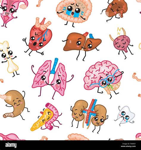 Cute Organs Seamless Pattern Happy Human Set Of Smiling Character Cartoon Kawaii Icon