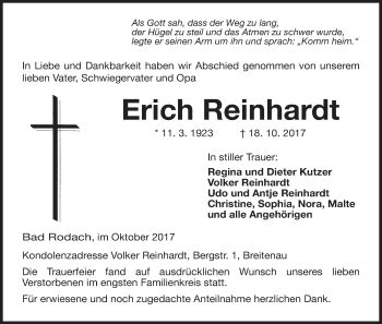 Erich Reinhardt Traueranzeige Trauer InFranken De