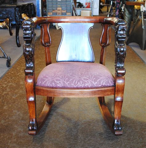 Antique Wood Rocking Chair Carved Griffin Lion Dragon For Sale At