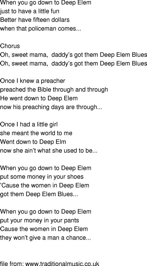 Old Time Song Lyrics Deep Elem Blues